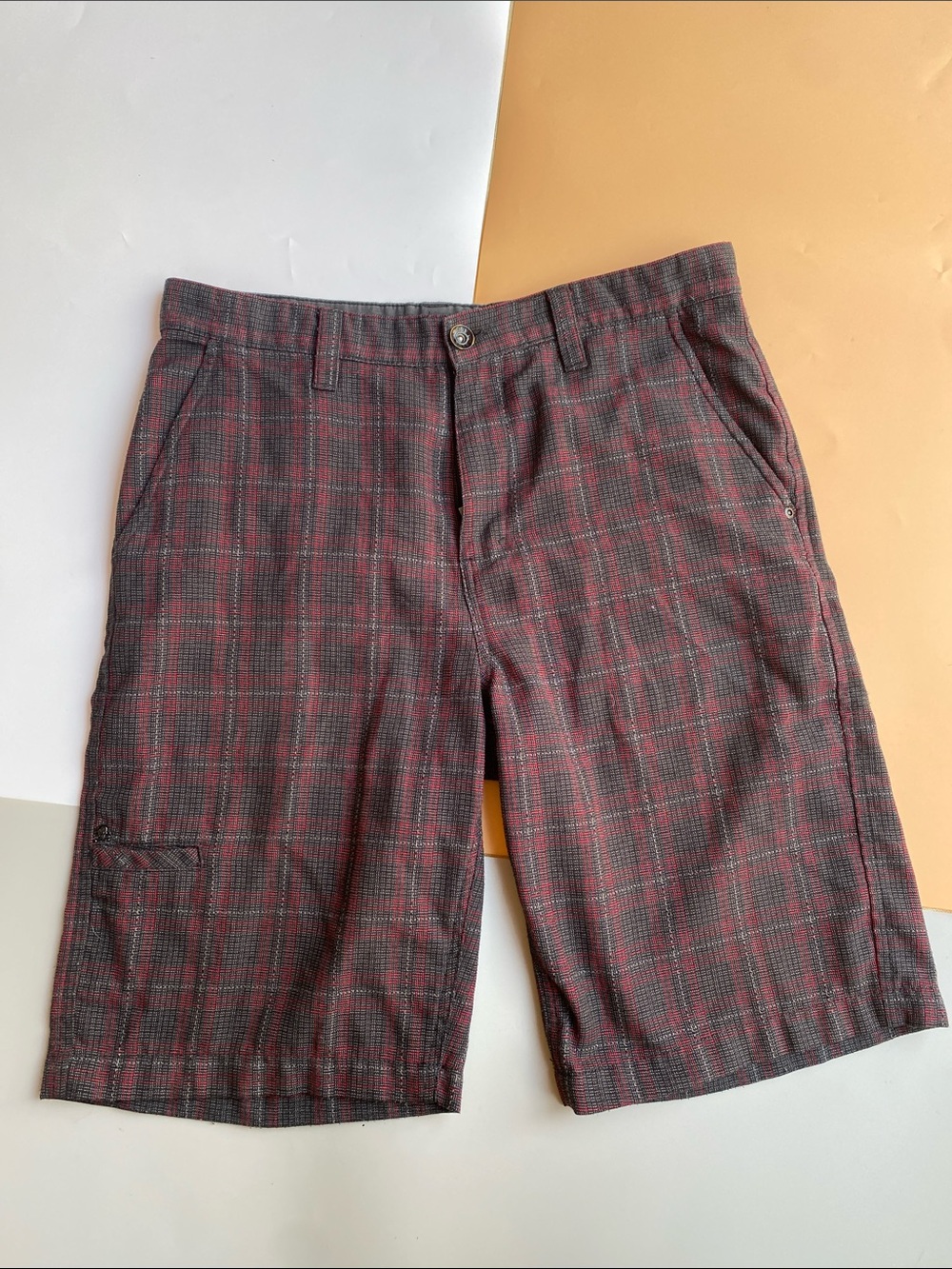 Tony Hawk Men's Red and Gray Plaid Flat Front Shorts with Side Pockets